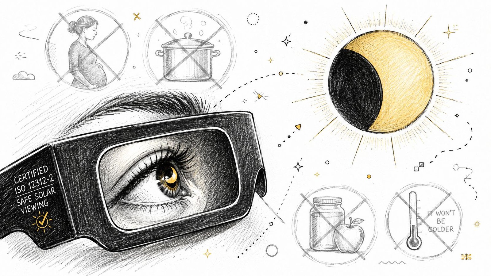 A sketched illustration showing a person wearing certified ISO solar glasses to safely view a partial solar eclipse.