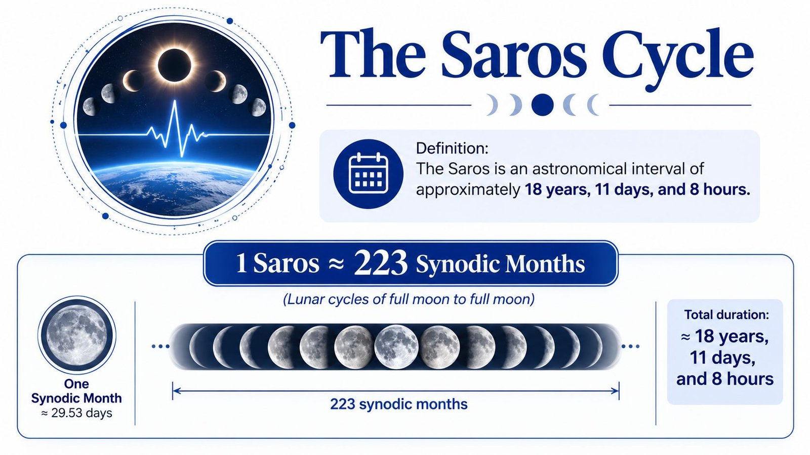 An infographic explaining the Saros Cycle as an astronomical interval of 18 years, 11 days, and 8 hours.