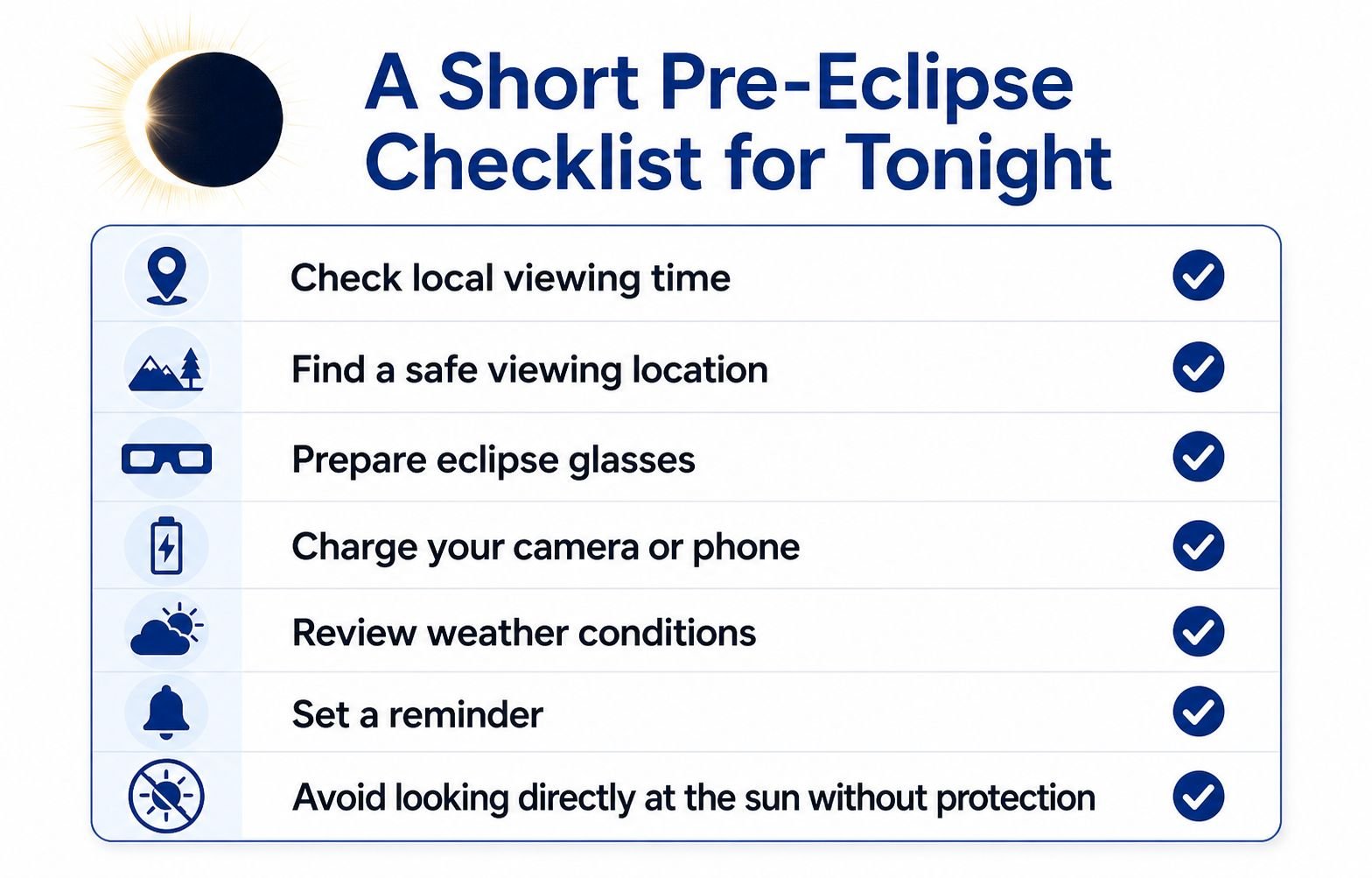 A checklist for preparing to view a solar eclipse including safety tips and equipment preparation.