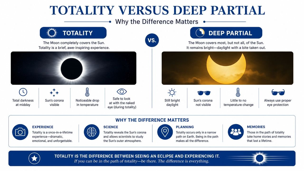 An infographic comparing the visual and scientific differences between a total solar eclipse and a deep partial eclipse.