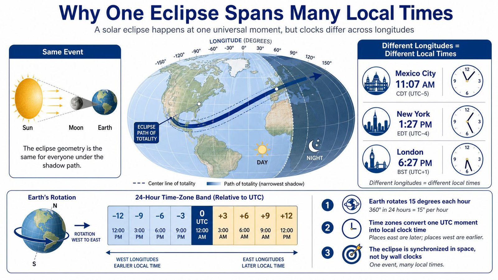 An infographic explaining how a single solar eclipse occurs at different local times across various longitudes globally.