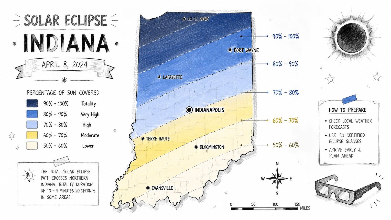 A map of Indiana showing the percentage of sun coverage during the solar eclipse on April 8, 2024.