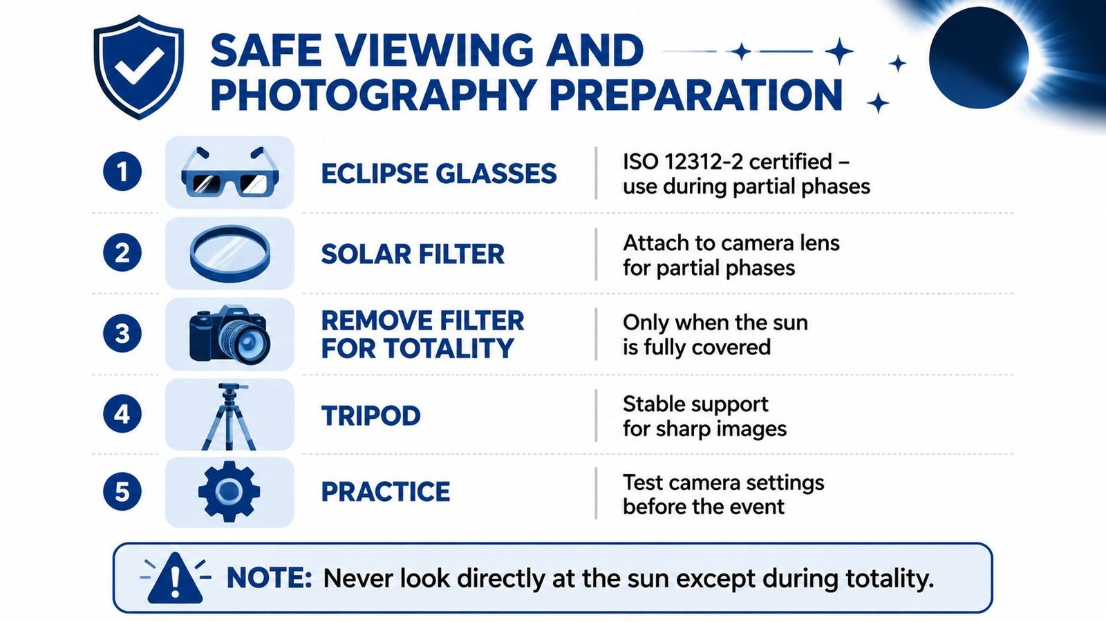 An infographic detailing safety precautions for viewing and photographing a solar eclipse with five numbered steps.