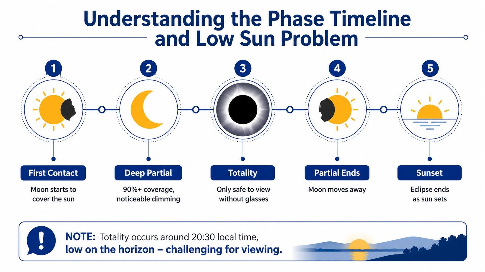 An infographic illustrating the five phases of a solar eclipse with a timeline and sunset warning.