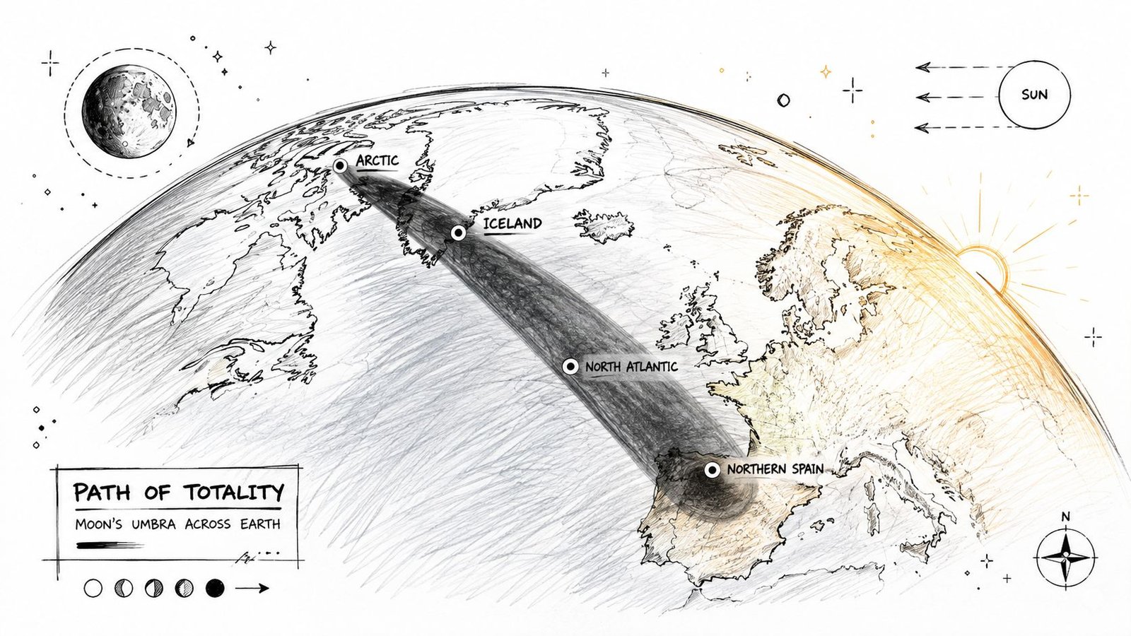 A hand-drawn illustration depicting the Moon's umbra casting a path of totality across the Earth.