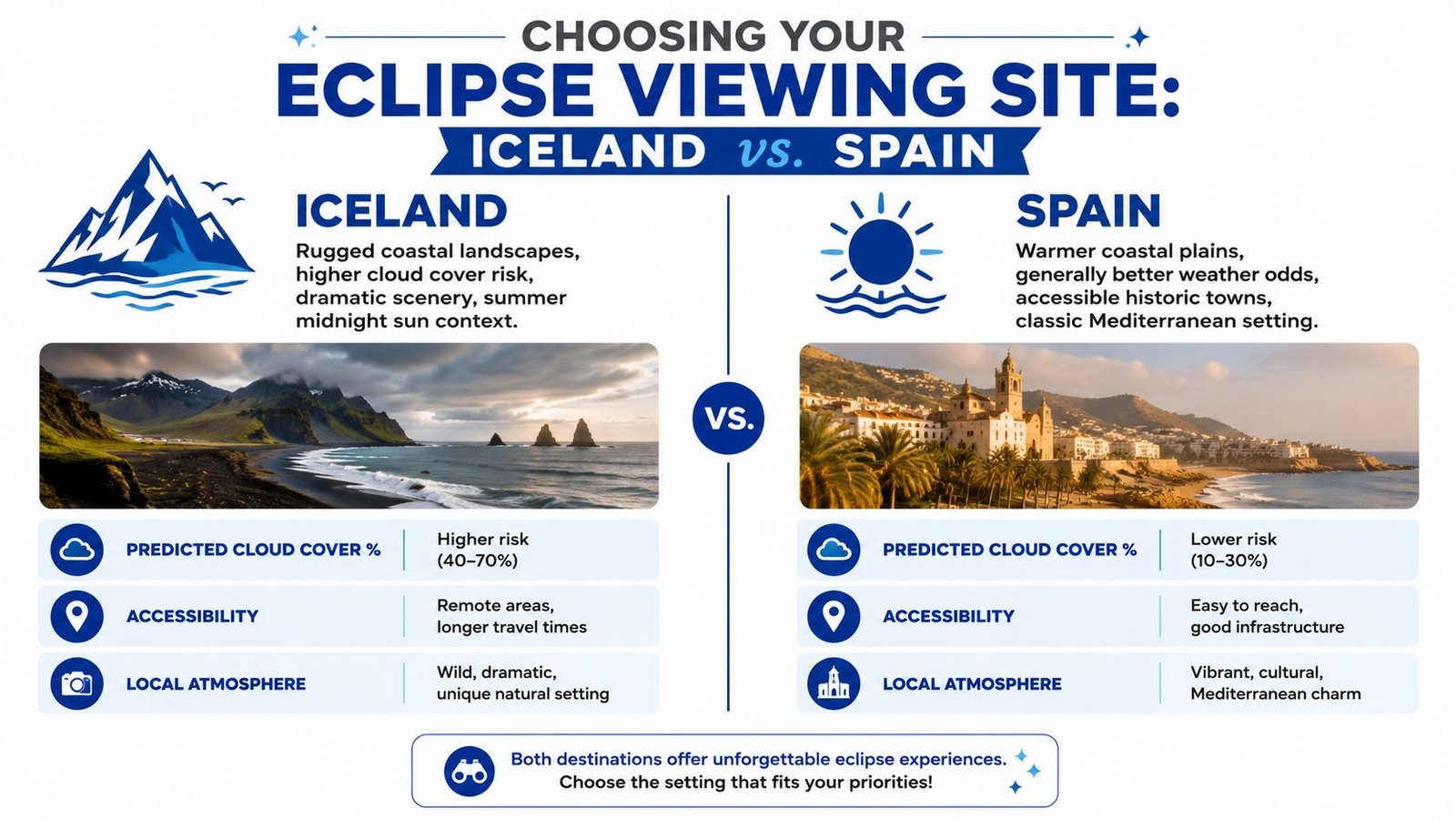 A comparison infographic between Iceland and Spain as potential destinations for viewing a solar eclipse.