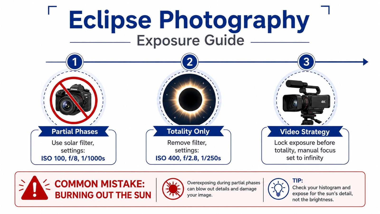 An infographic titled Eclipse Photography Exposure Guide, showing camera settings for partial phases, totality, and video tips.